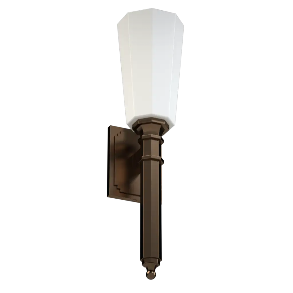 Bronze wall sconce with a white, tapered, faceted glass shade.