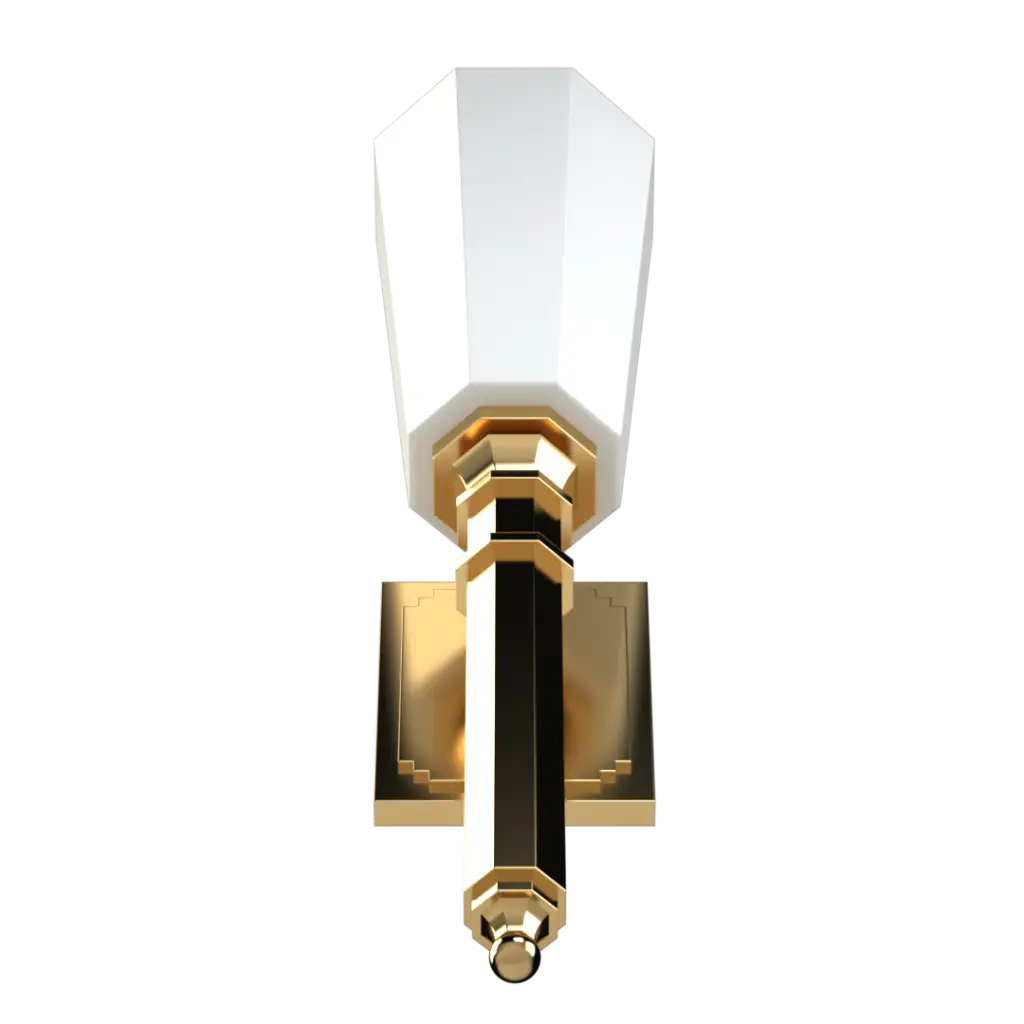 Art Deco style wall sconce with a gold-finished base and a white hexagonal glass shade.