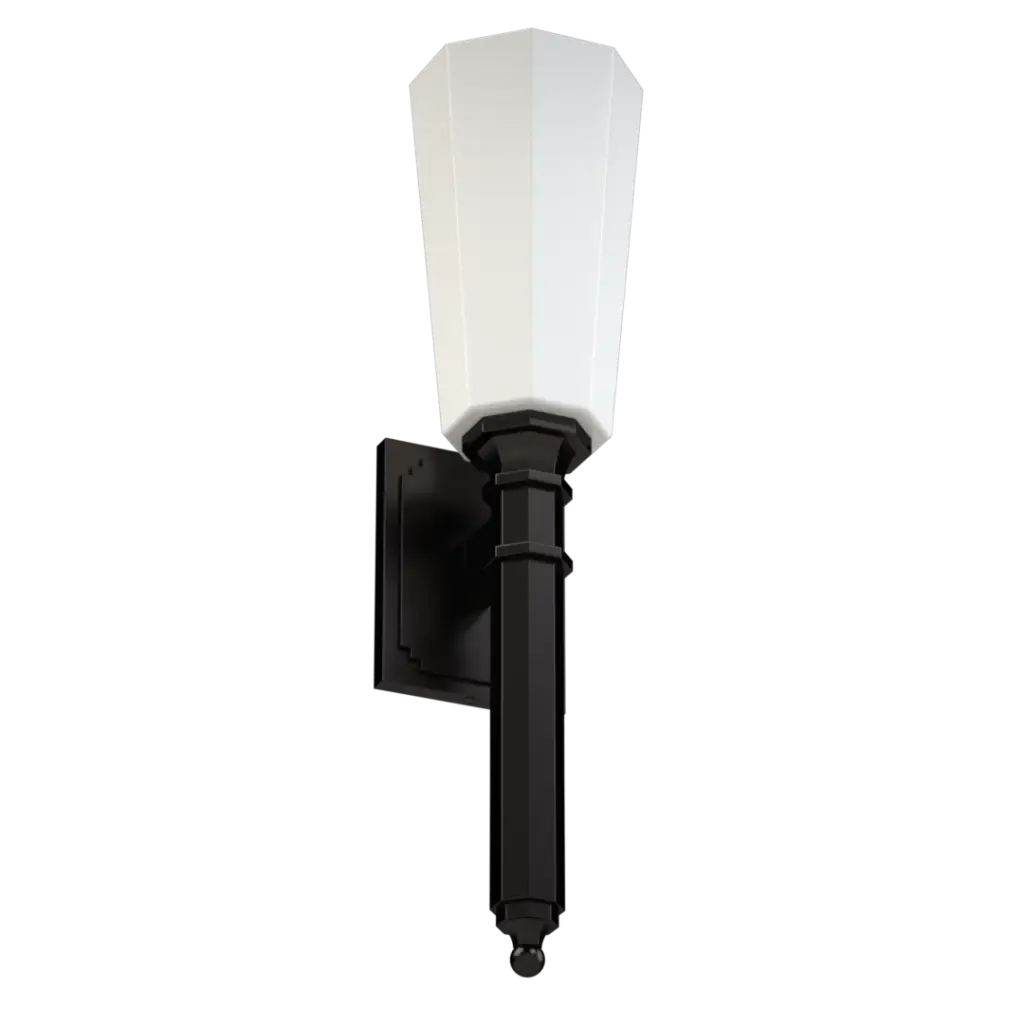 Black outdoor wall sconce with a white conical glass shade.