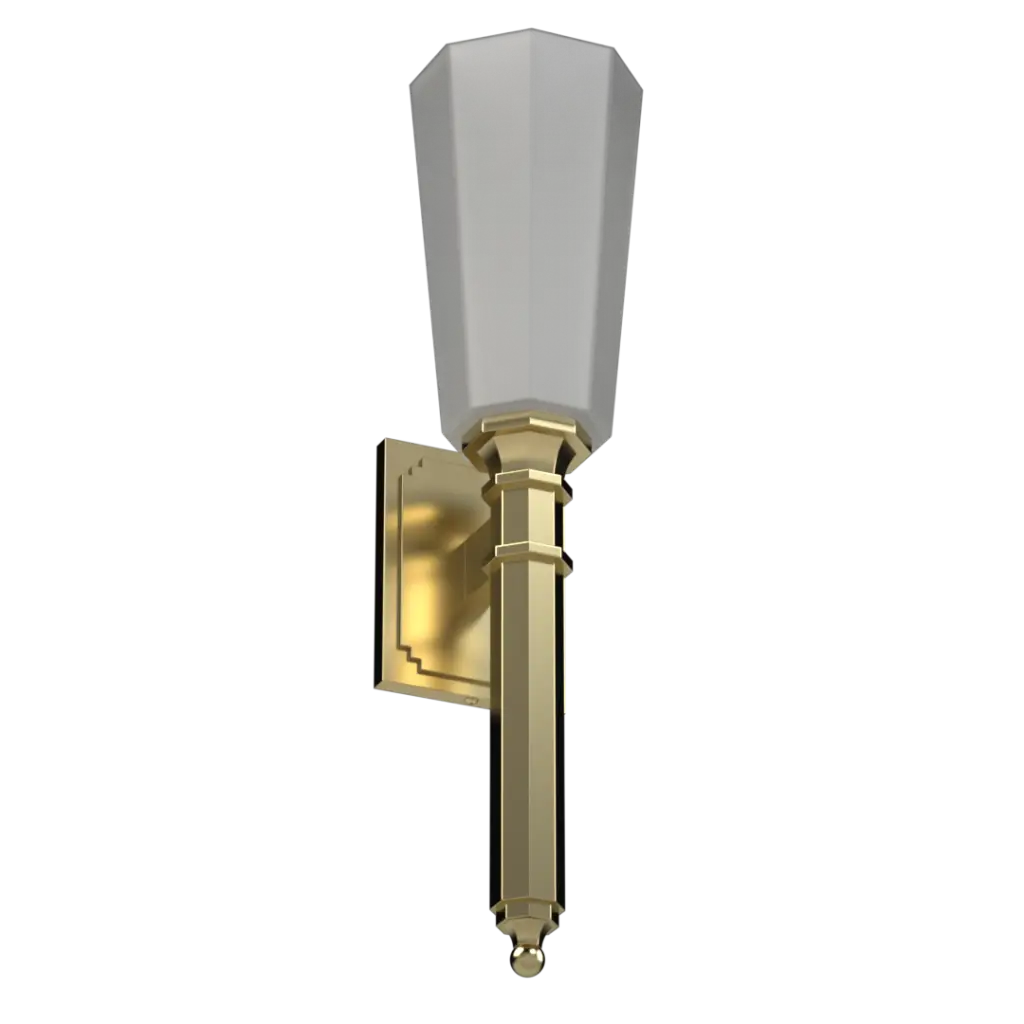 A gold wall-mounted light fixture with a translucent, faceted shade.