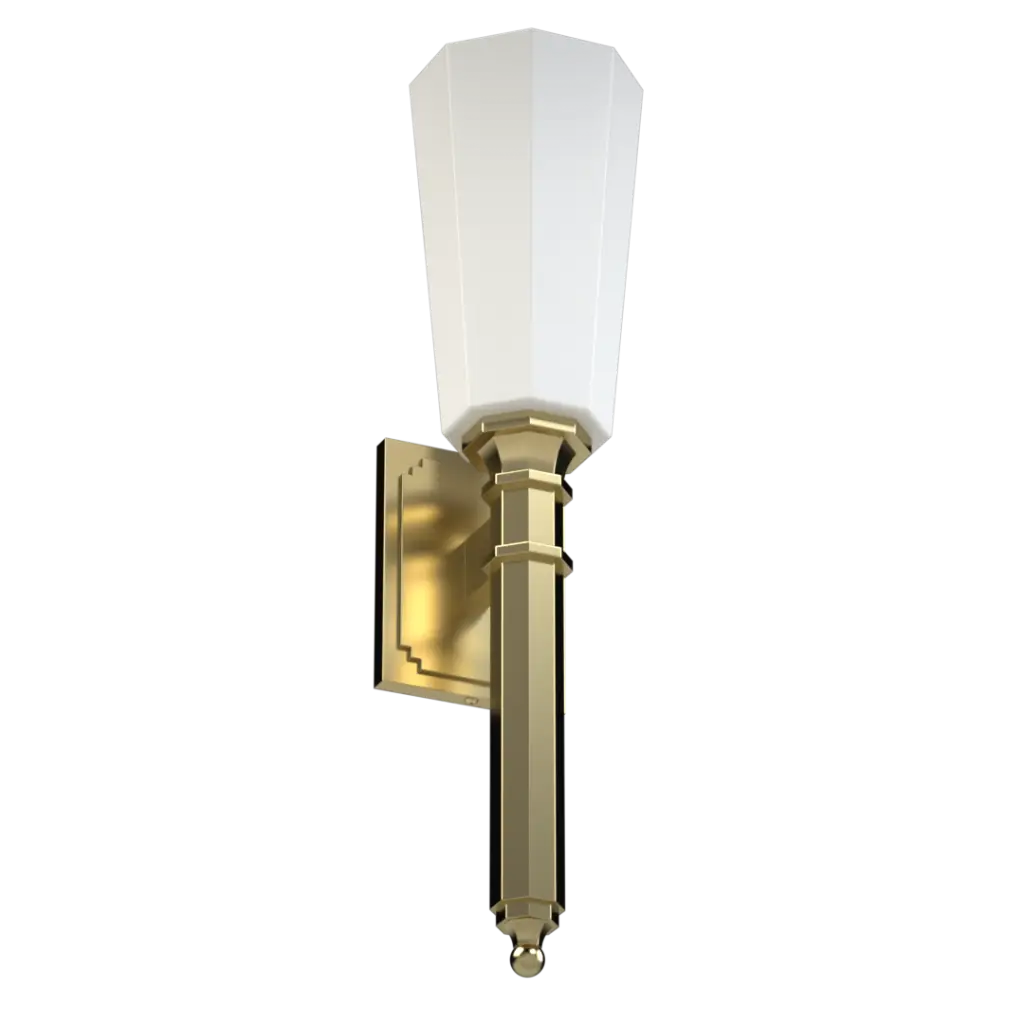A gold-finished wall sconce with a white, tapered glass shade.