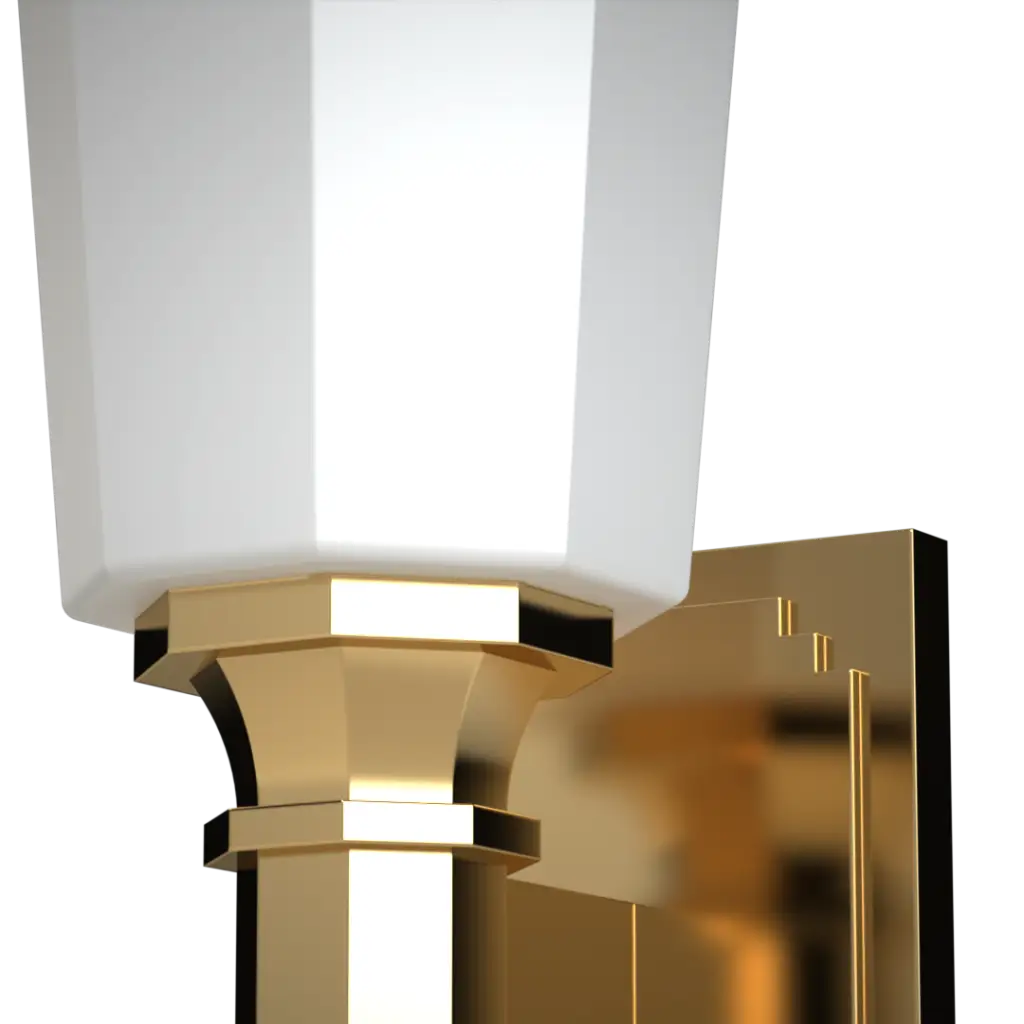 A white, octagonal wall sconce with a gold base.