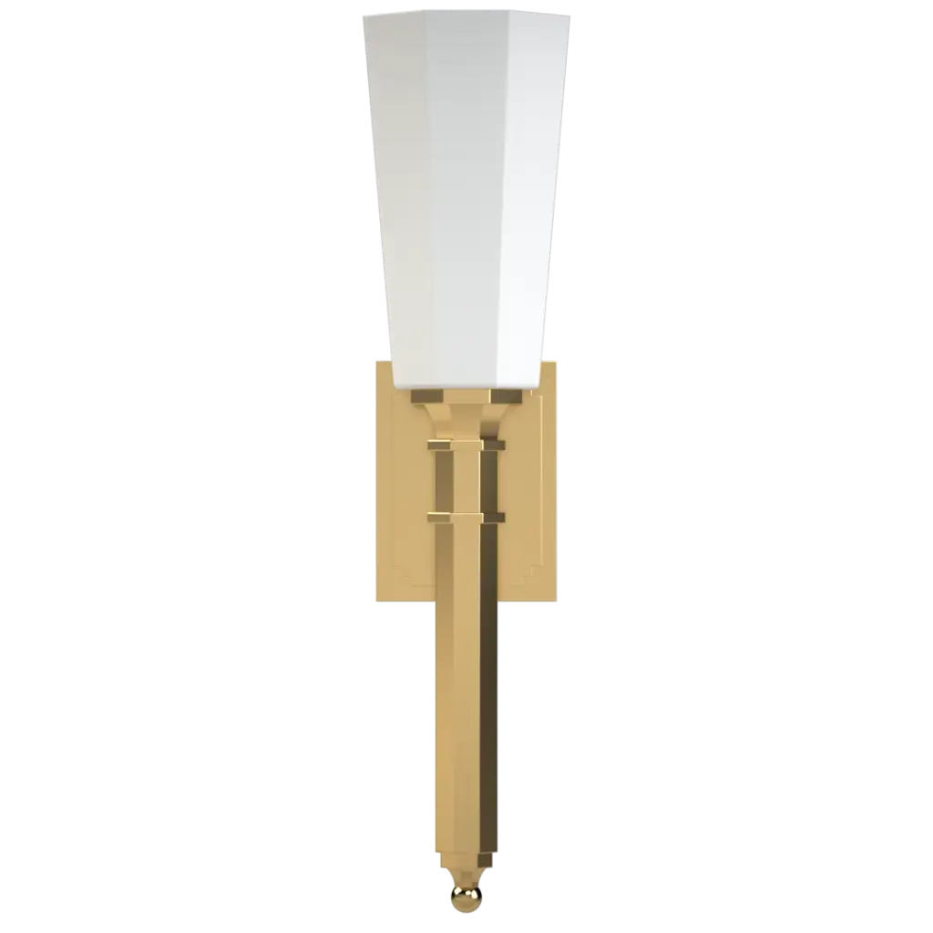 A gold and white tapered wall sconce.