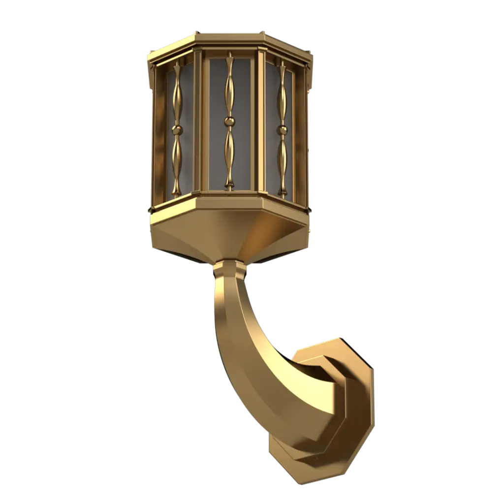 A golden-colored hexagonal wall sconce with ornate vertical bars.