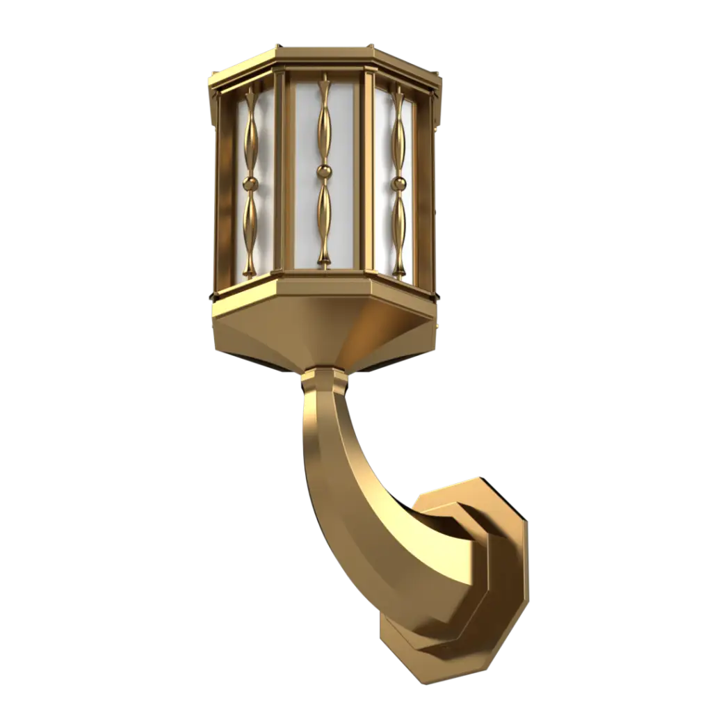 Gold-colored hexagonal outdoor wall lantern with decorative vertical bars.