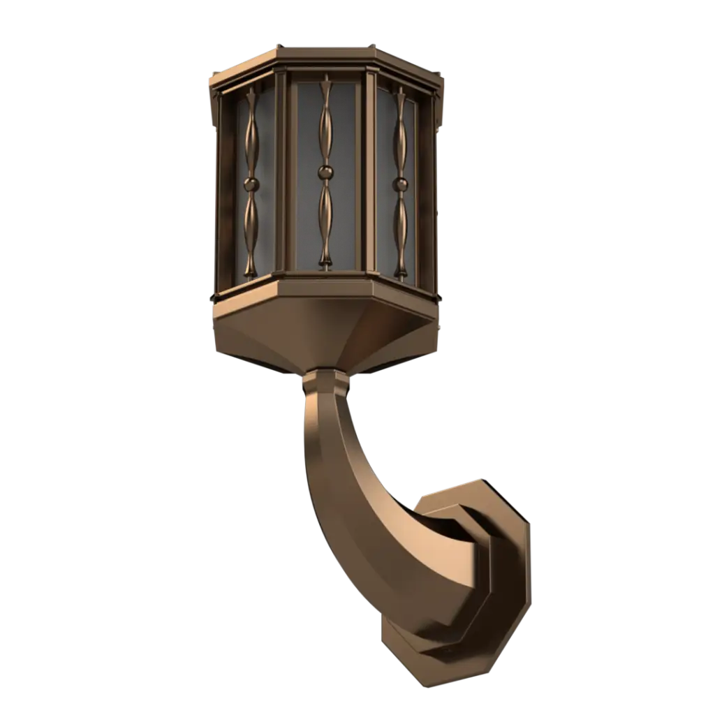 Bronze outdoor wall lantern with decorative glass panels.