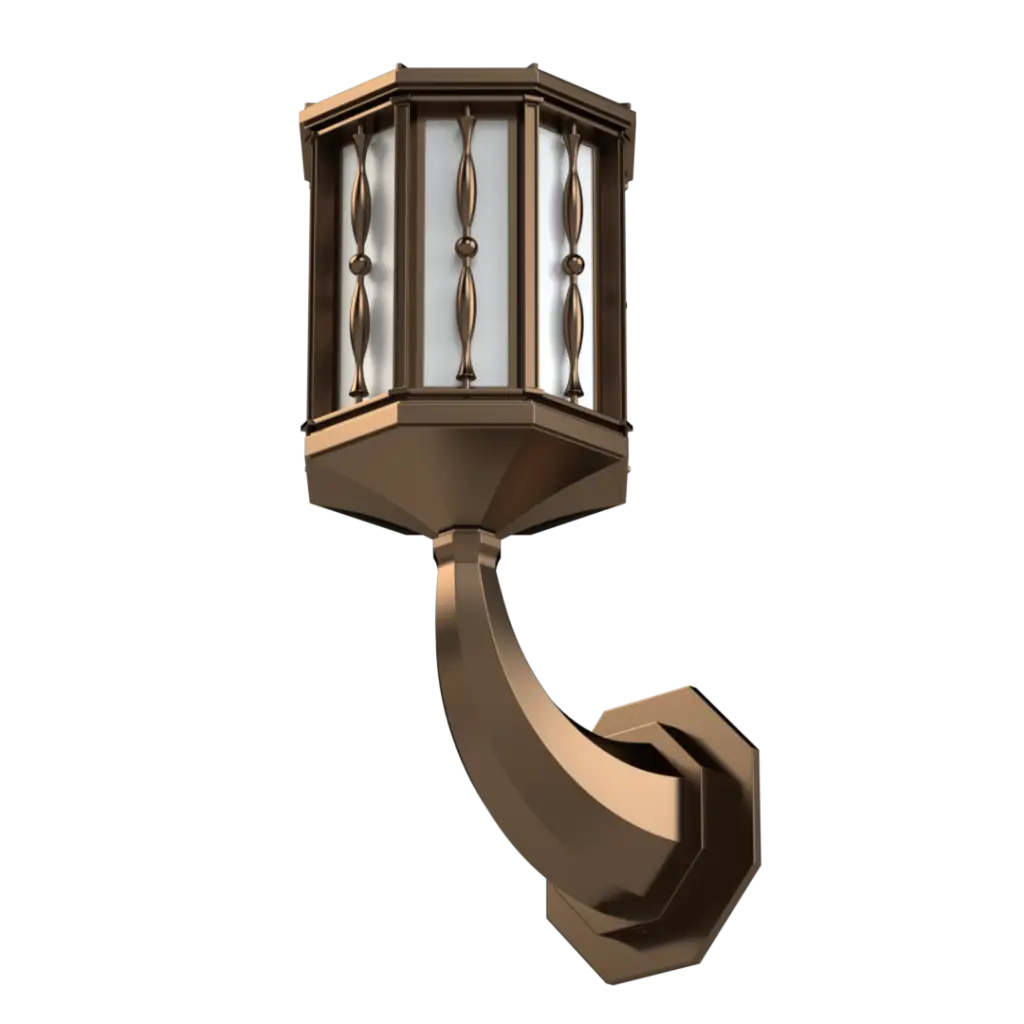 Bronze-colored hexagonal outdoor wall sconce with decorative vertical bars.