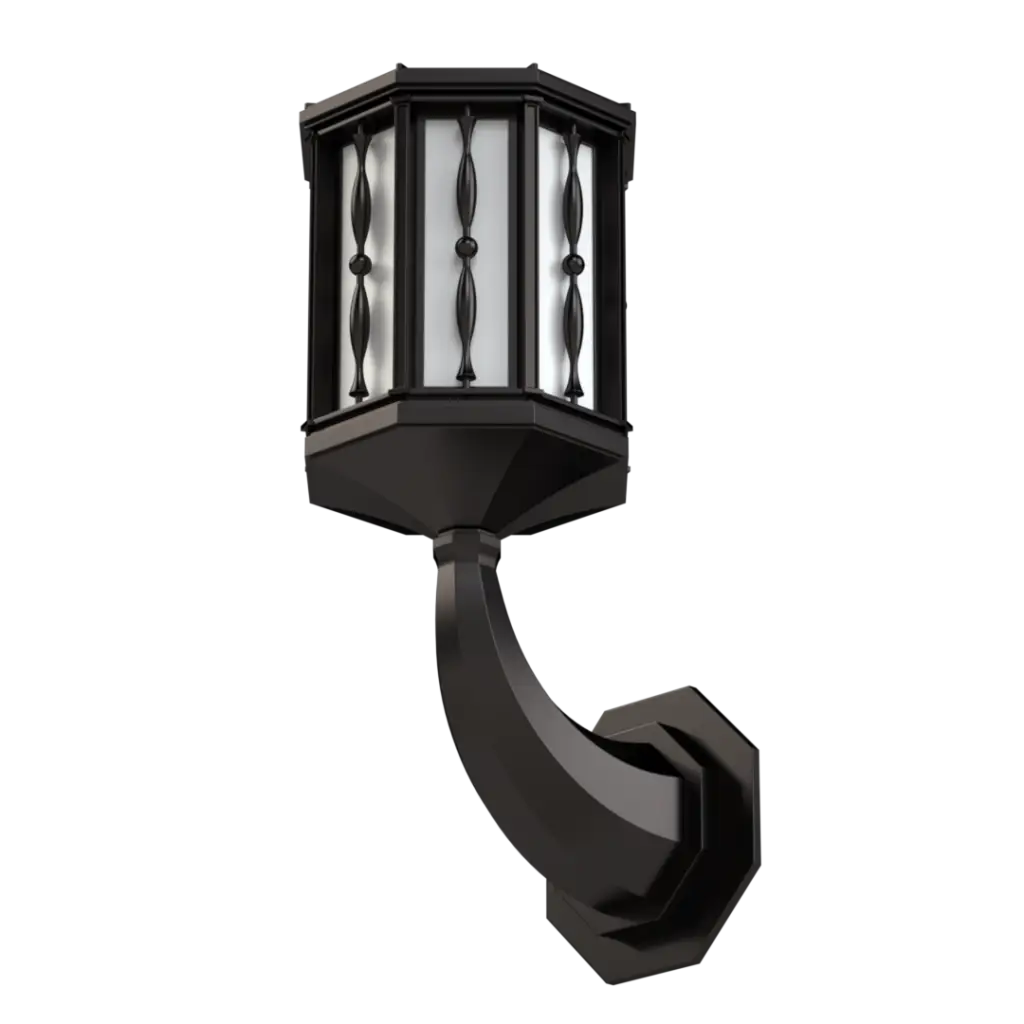 Black outdoor wall lantern with decorative vertical bars.