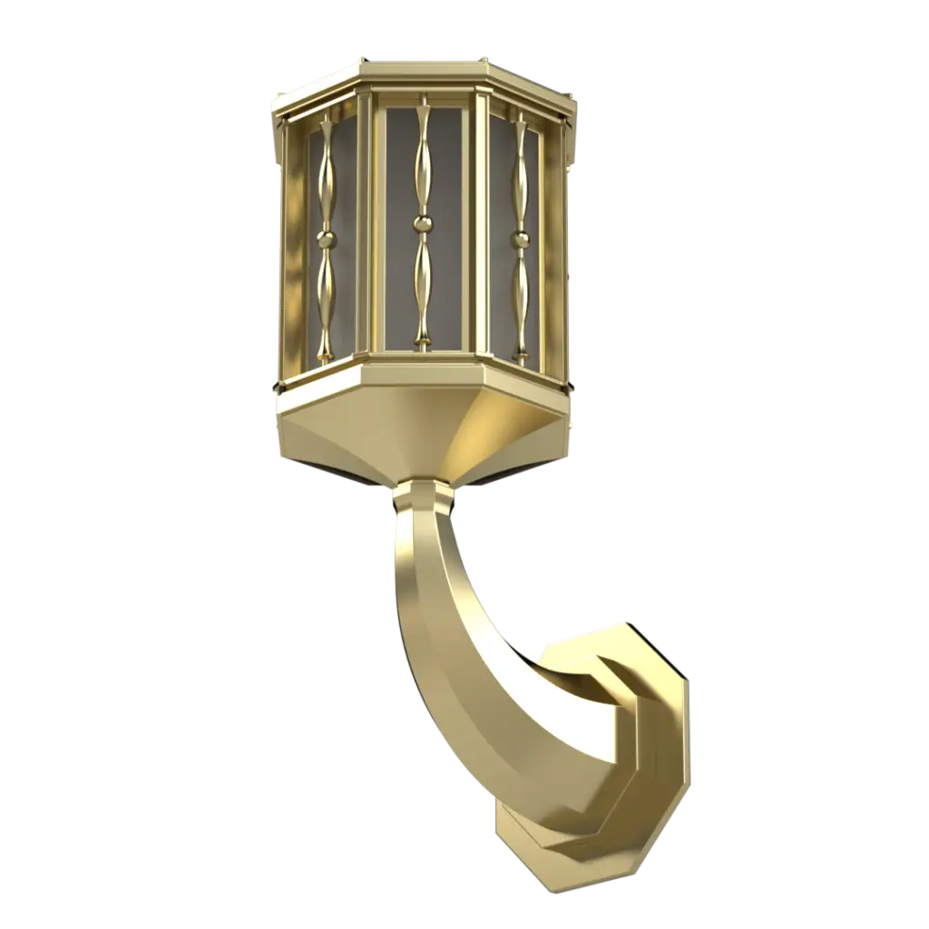 A gold-colored wall-mounted lantern with a hexagonal frame and glass panels.