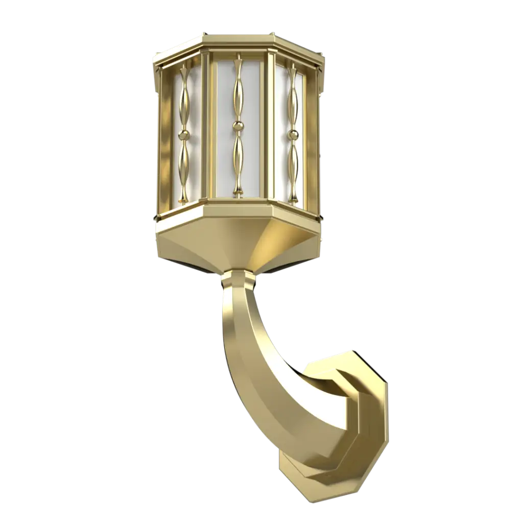 Gold-finished wall-mounted lantern with decorative vertical bars.