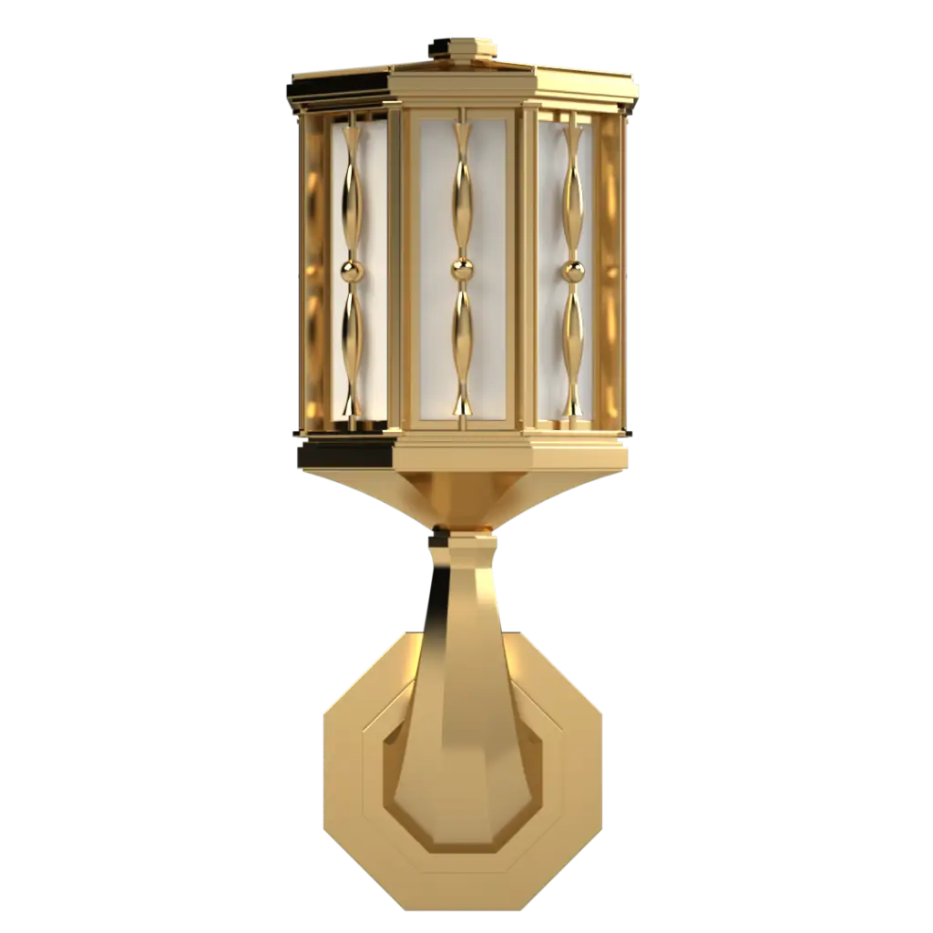Gold wall-mounted outdoor light fixture with white glass panels.
