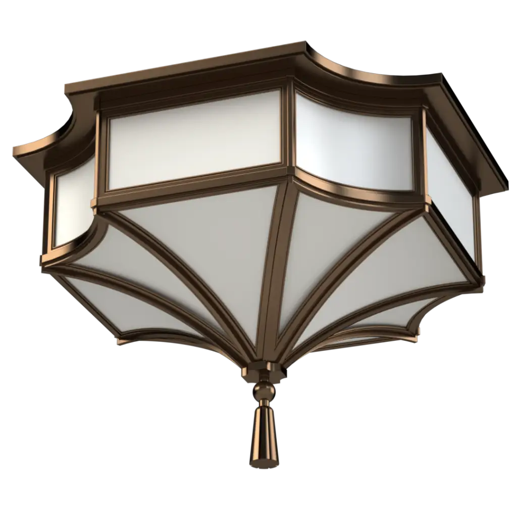 Bronze and frosted glass flush mount ceiling light with an inverted umbrella design.