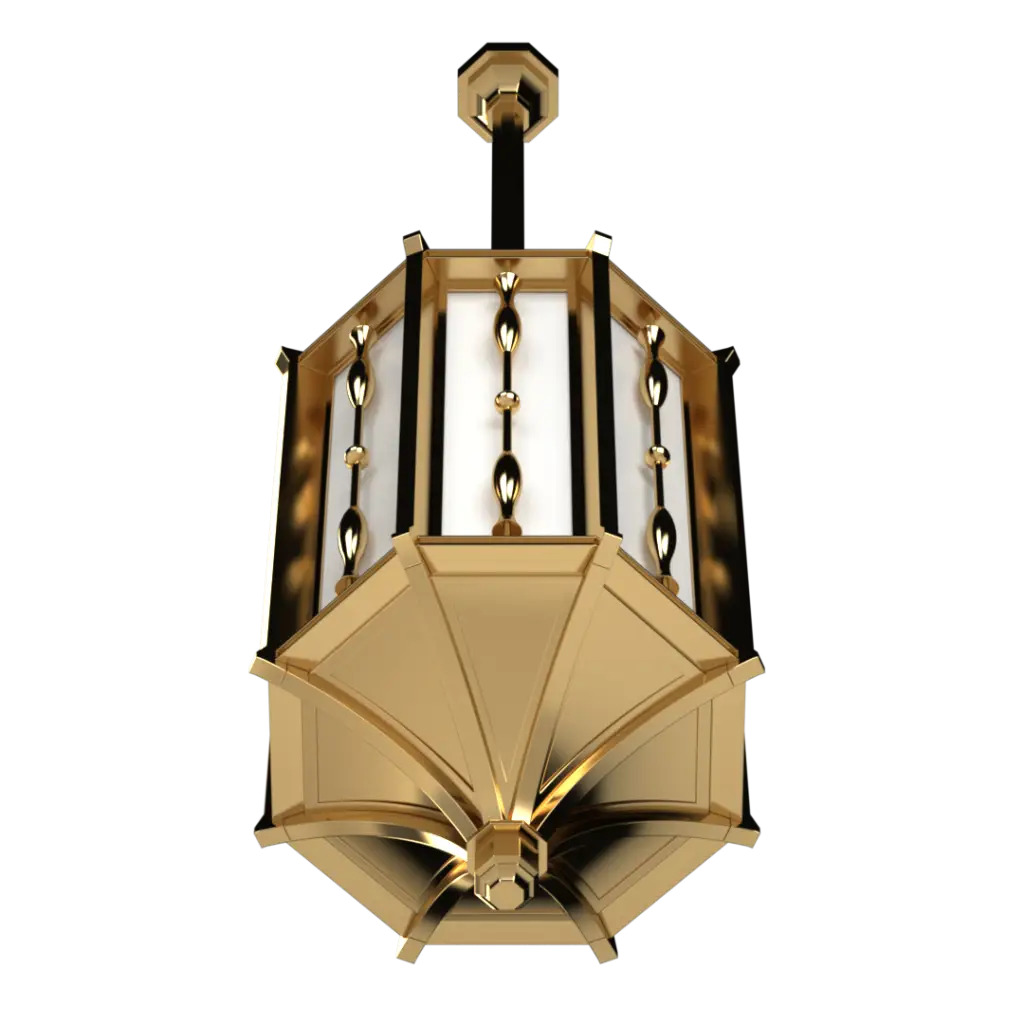 Gold and white ornate hexagonal hanging lantern.