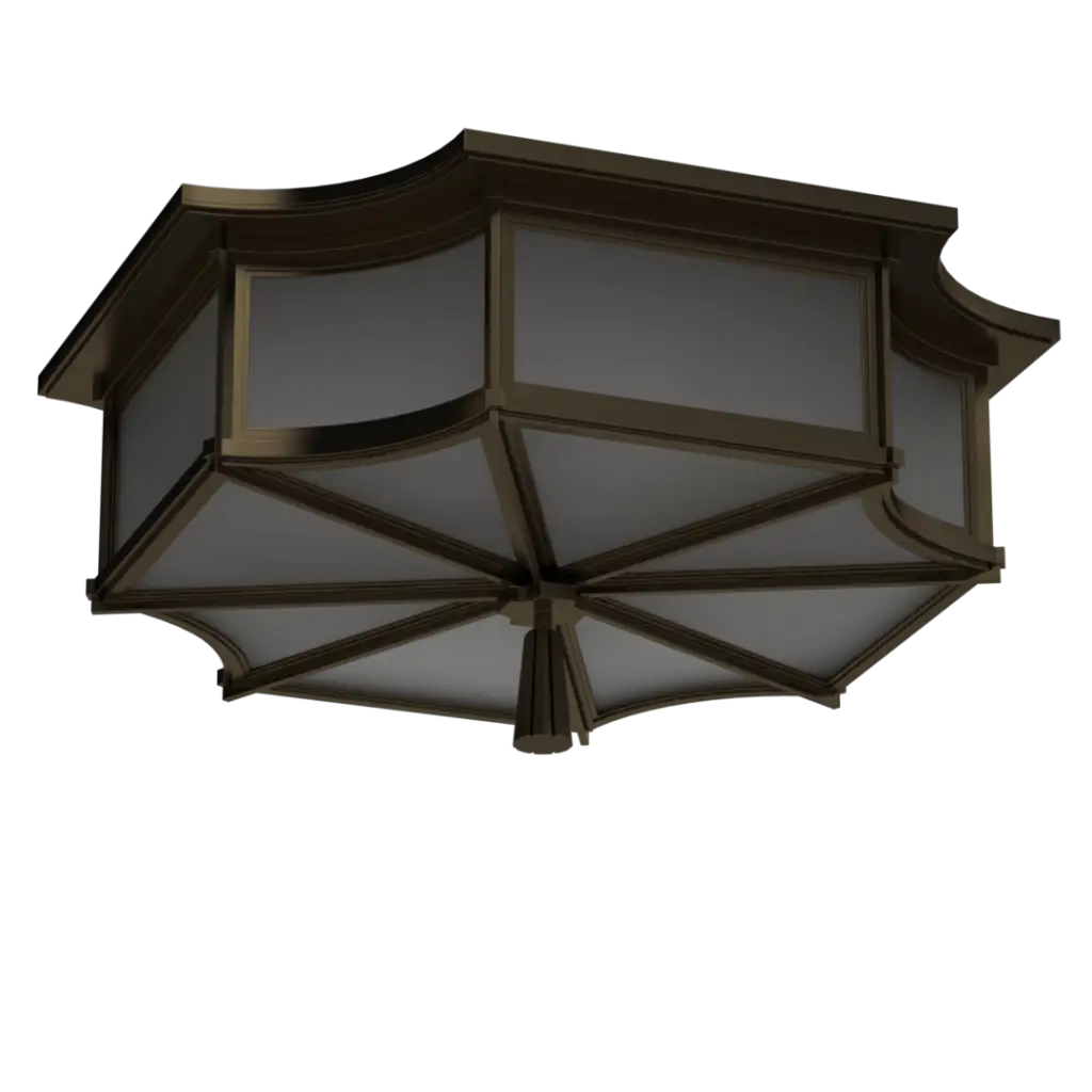 An octagonal, flush-mount ceiling light fixture with a brass frame and frosted glass panels.