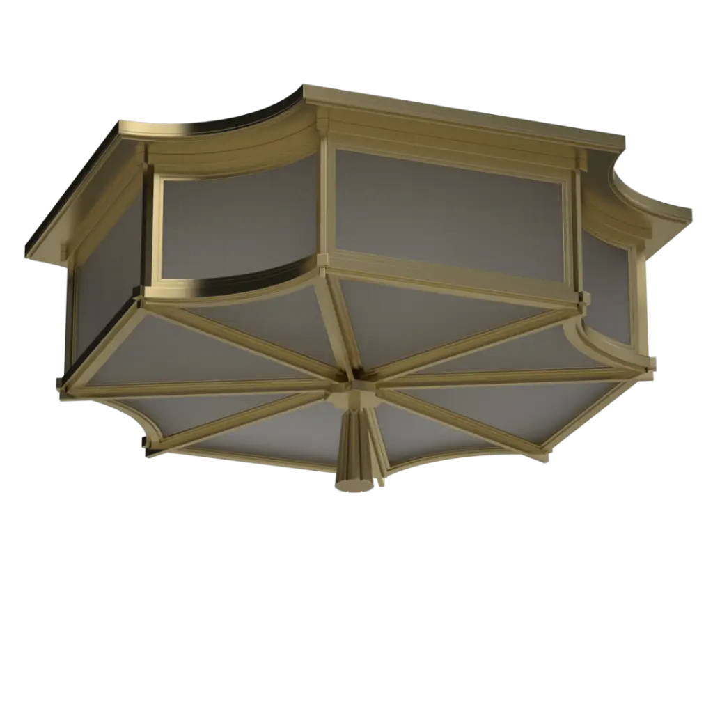 Gold-framed octagonal flush-mount ceiling light with frosted glass panels.