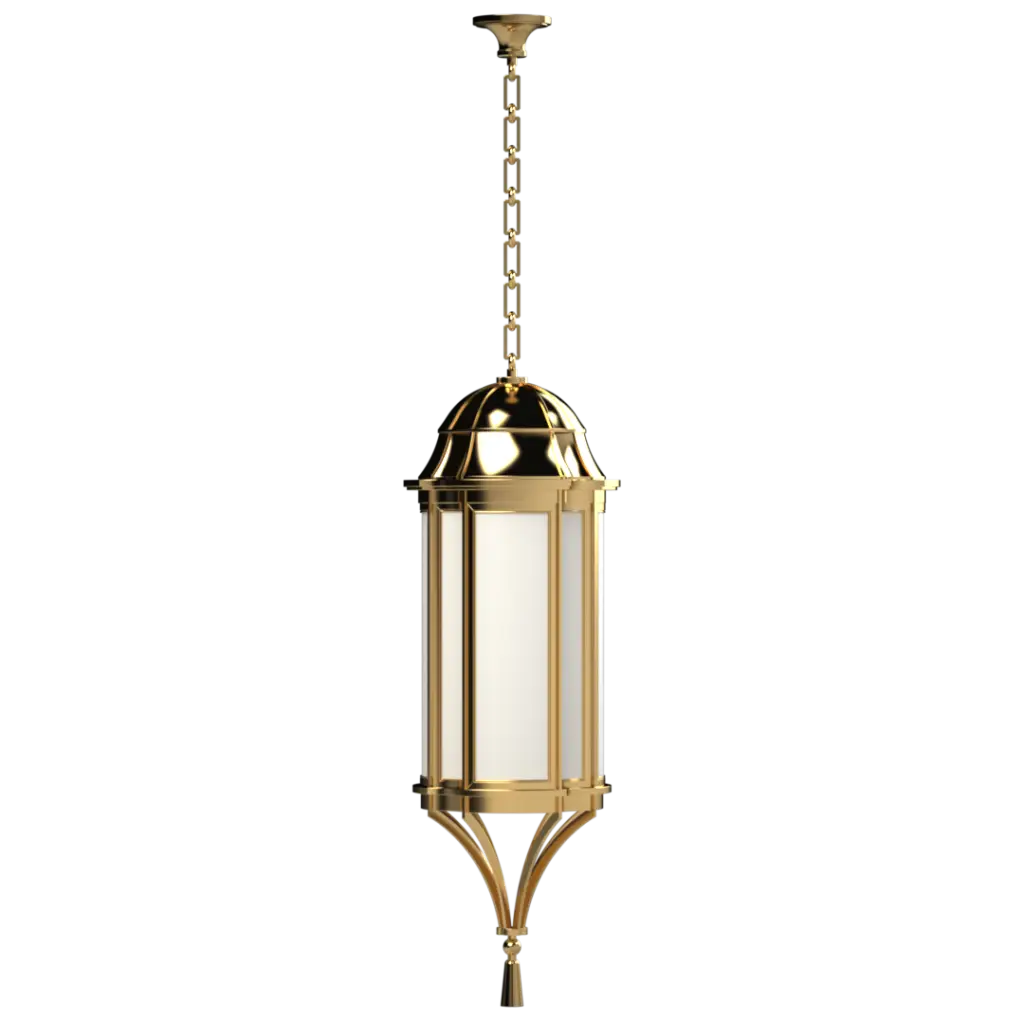 A polished gold-colored hanging lantern with a chain and frosted glass panels.