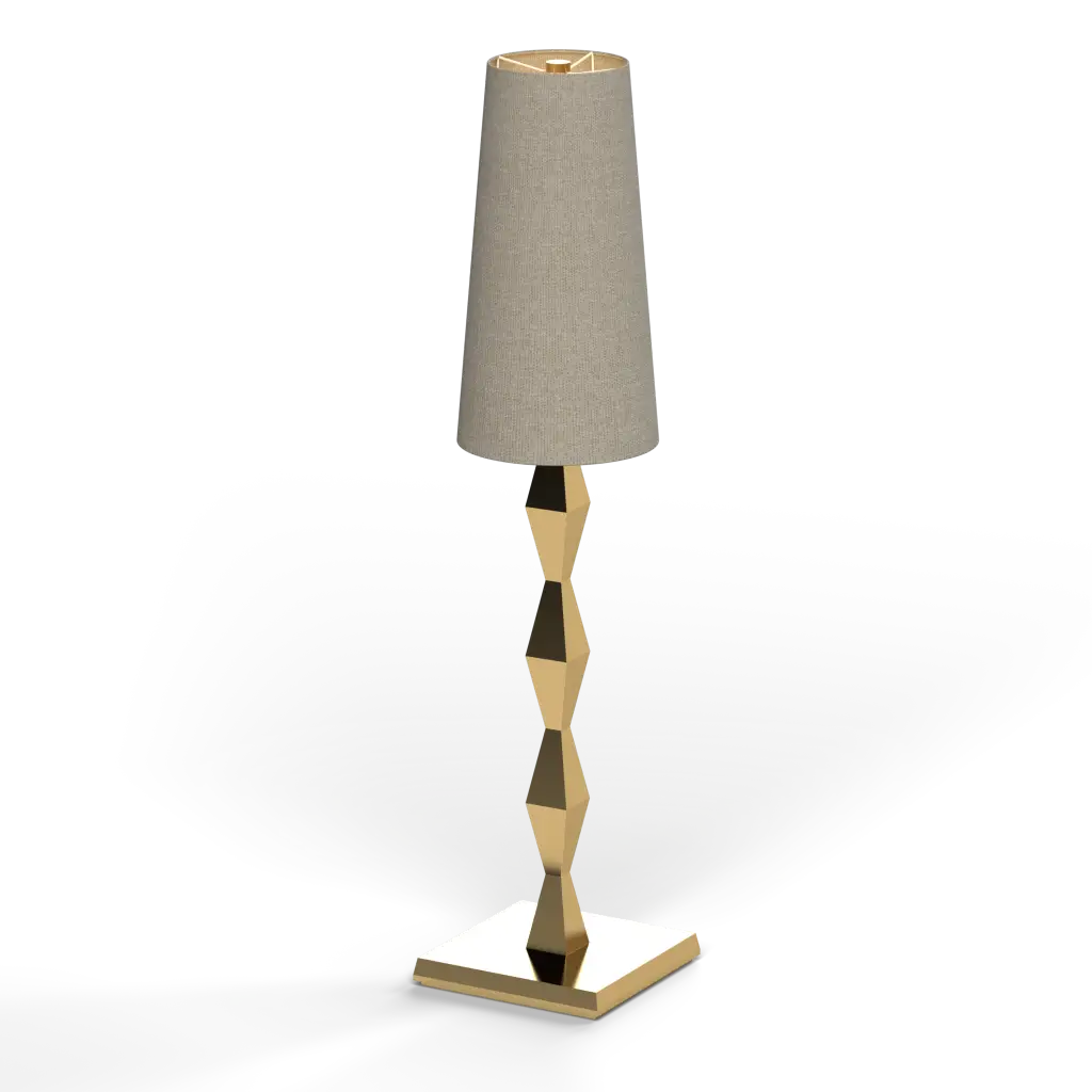 Gold-toned floor lamp with a geometric base and a conical fabric shade.