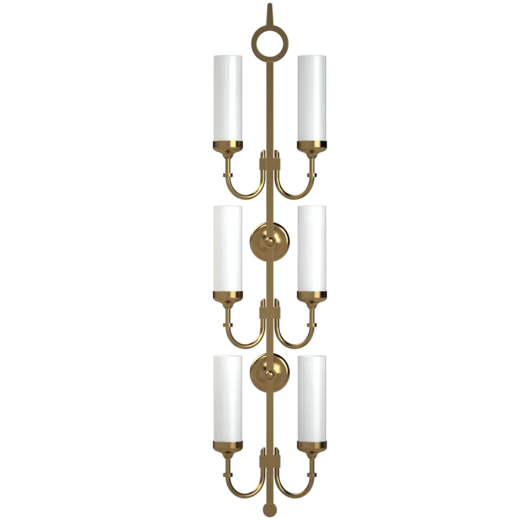 A six-light brass wall sconce with white cylindrical shades.