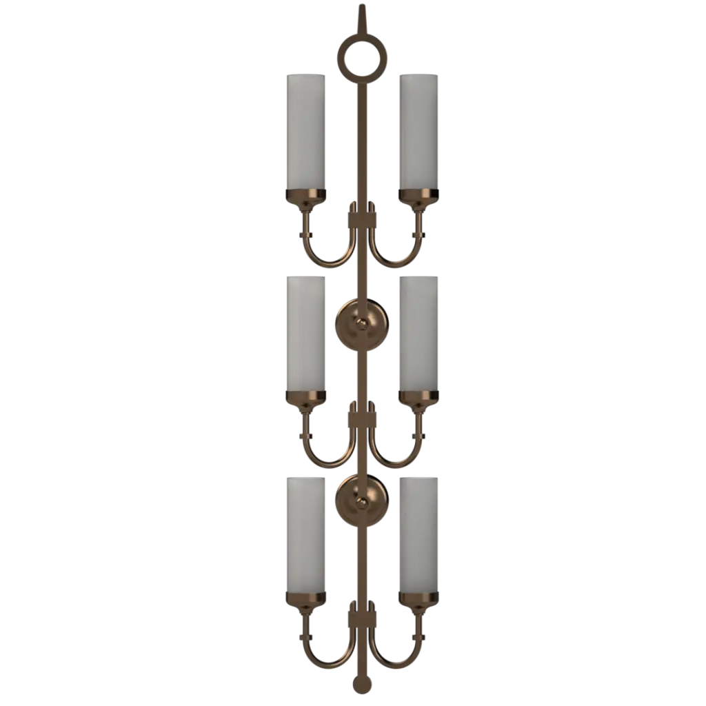A bronze wall sconce with six frosted cylindrical glass shades.