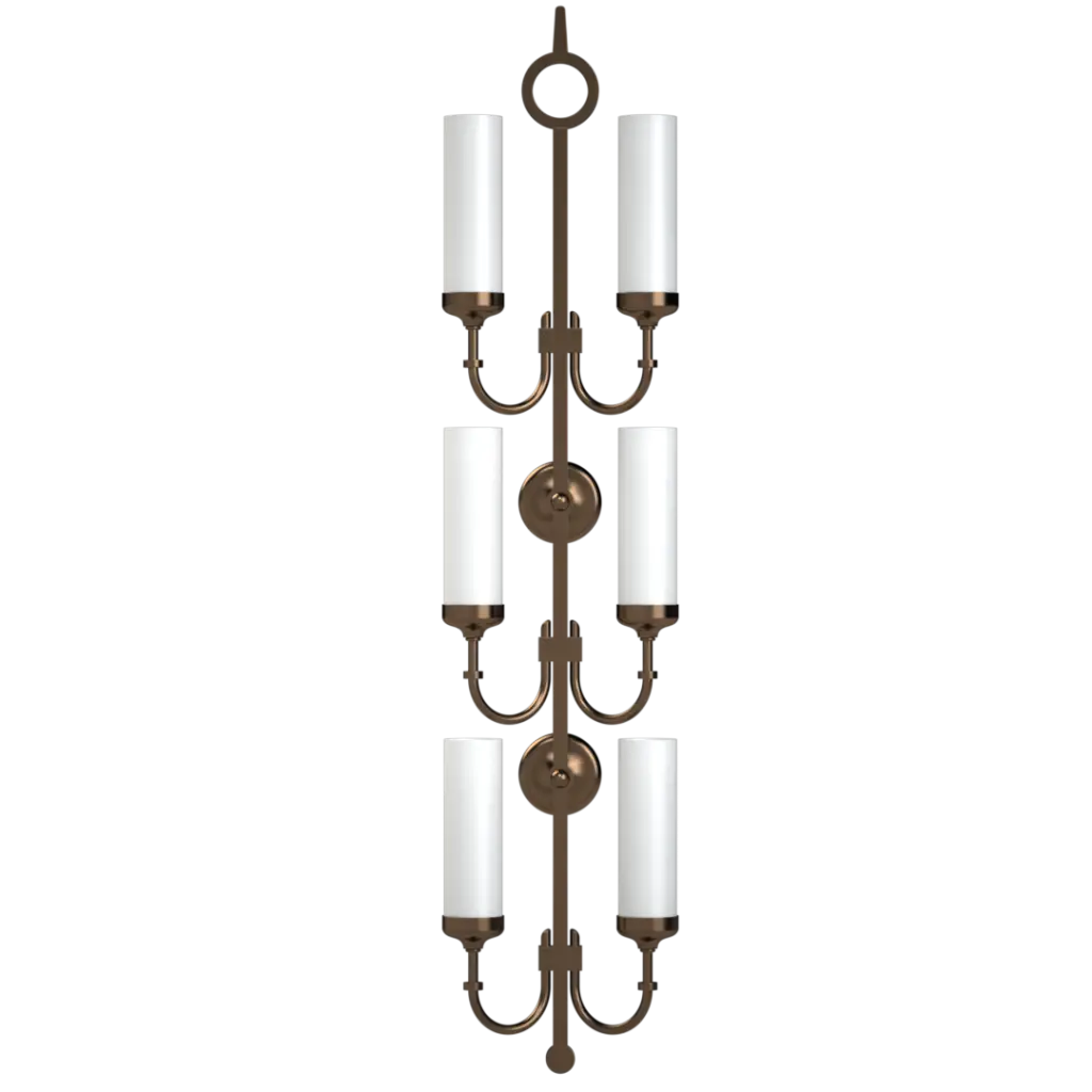 A tall, bronze-finished wall sconce with six white cylindrical glass shades, arranged in three pairs.