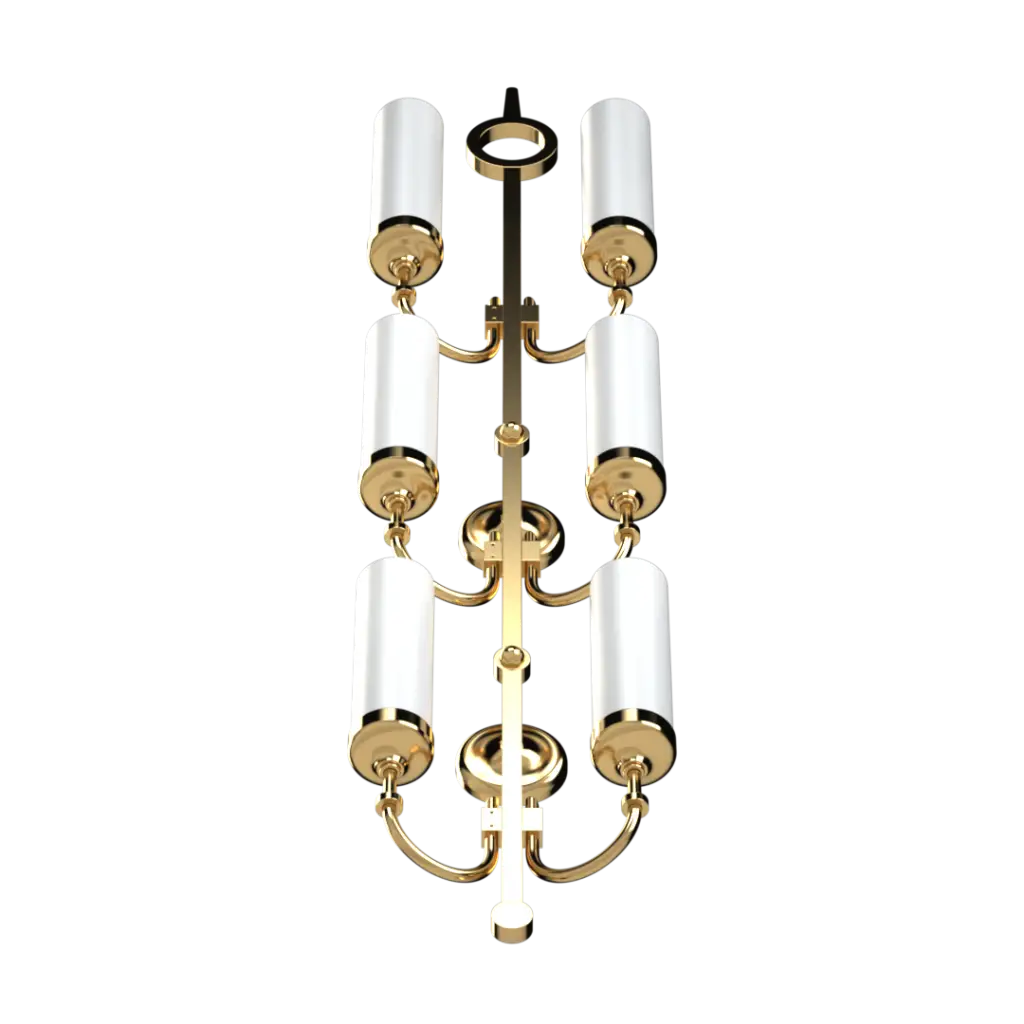 A gilded six-light chandelier with white cylindrical shades.