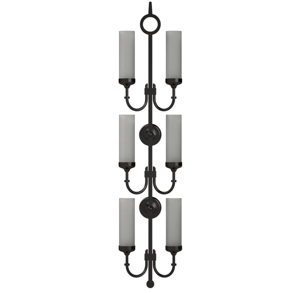 Black metal wall sconce with six frosted glass cylindrical shades.