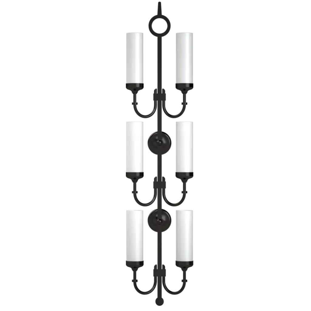 Black metal candelabra with six white cylindrical shades.