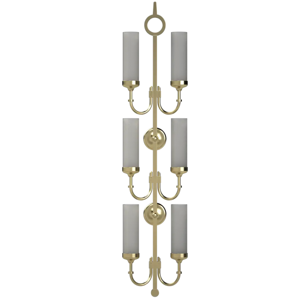 A long, vertical gold-toned wall sconce with three pairs of frosted cylindrical glass shades.