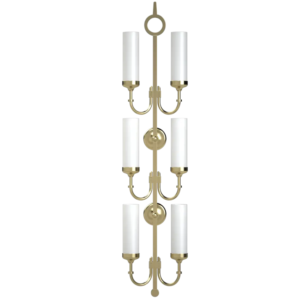 A tall, gold-finished wall sconce with six white cylindrical shades, arranged in three vertical pairs.