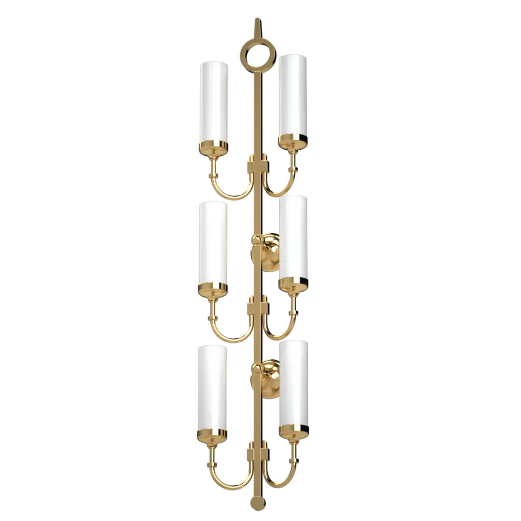Gold-finished wall sconce with six frosted glass cylindrical shades.