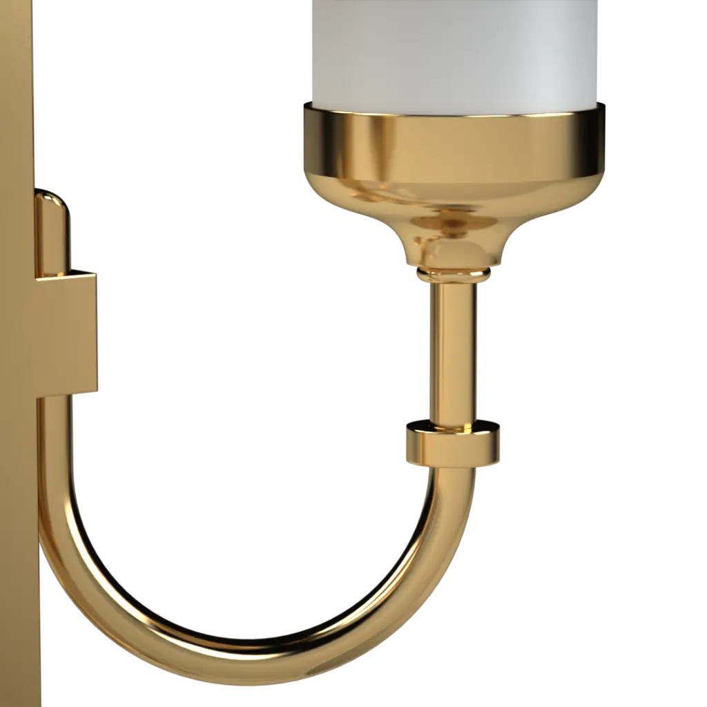 Gold wall sconce with a white cylindrical shade.