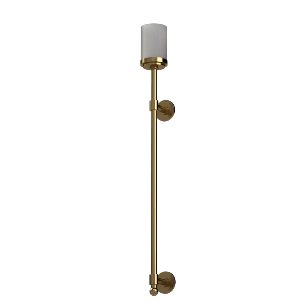 A polished brass wall sconce with a cylindrical frosted glass shade.