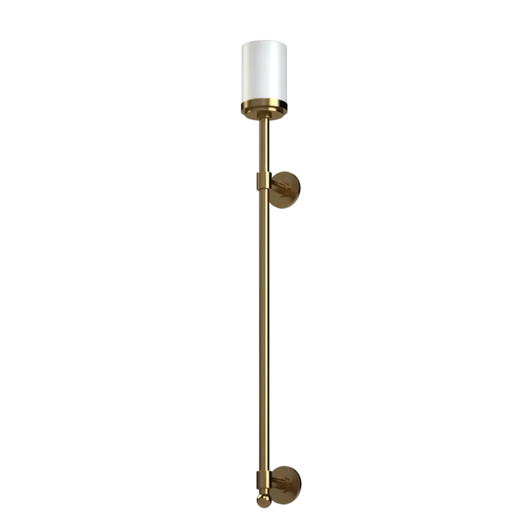 A vertical brass wall sconce with a white cylindrical shade.