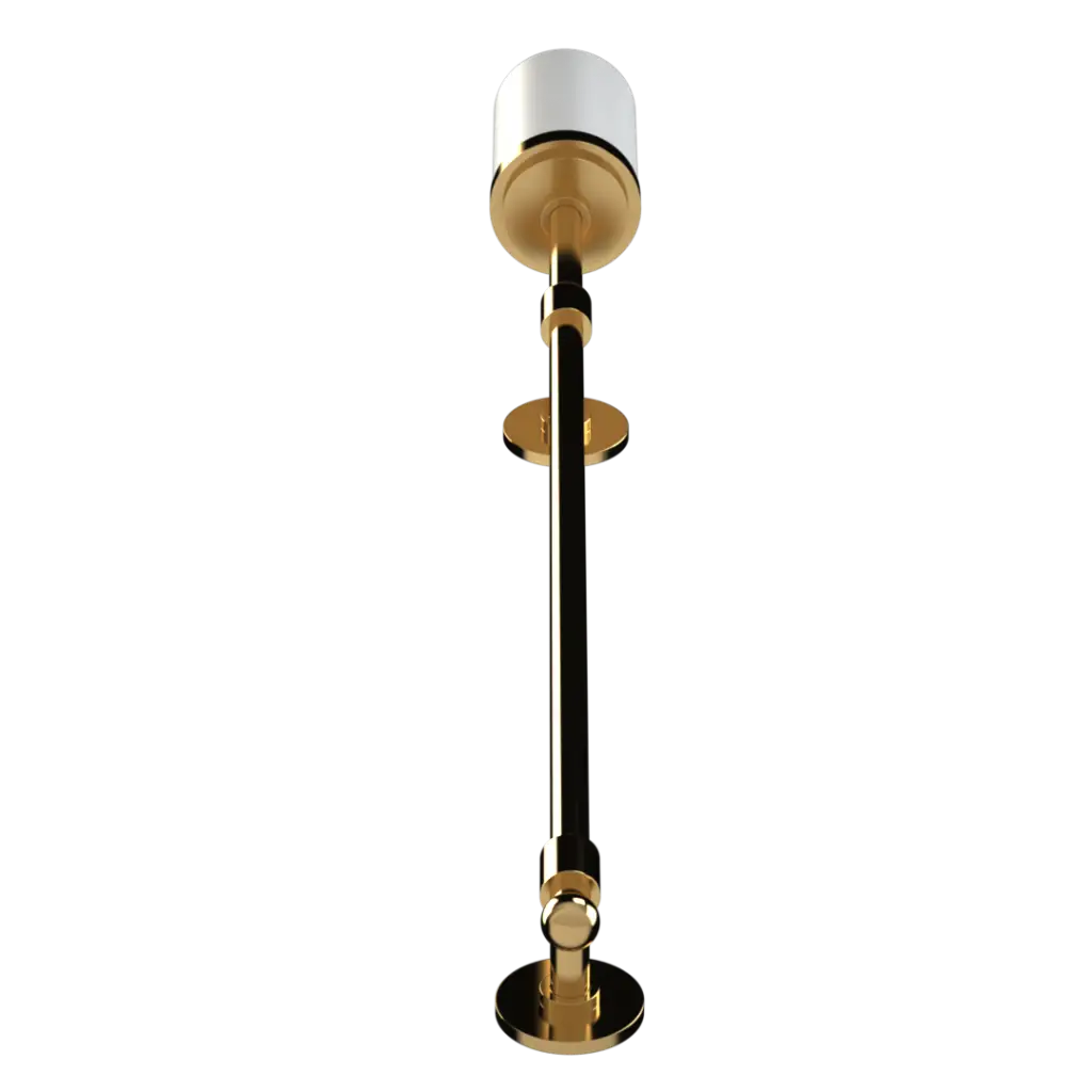 A golden floor lamp with a white cylindrical shade.