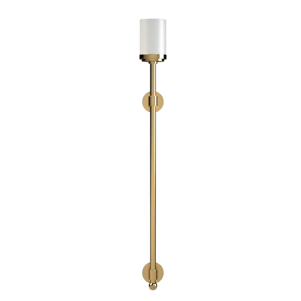 A long, gold wall sconce with a cylindrical white glass shade.