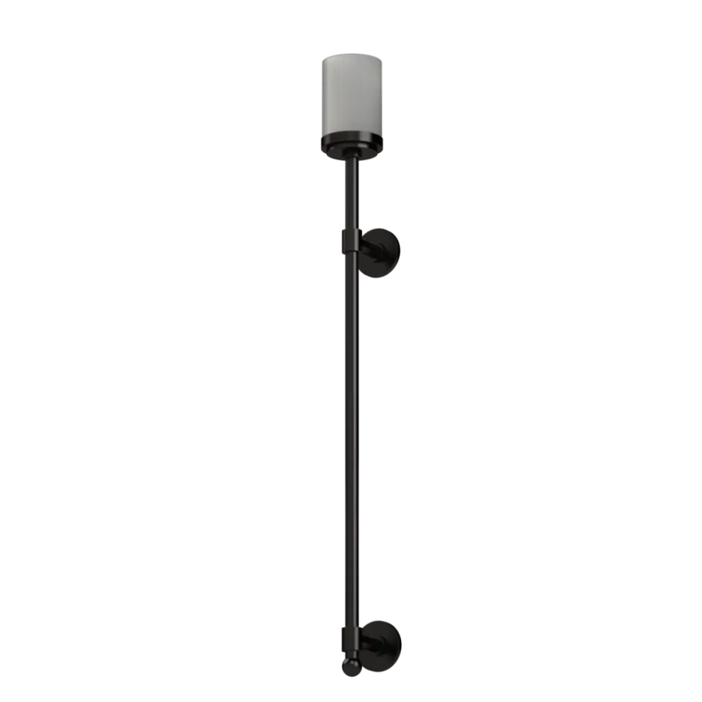 Black wall-mounted outdoor light fixture with a frosted glass shade.