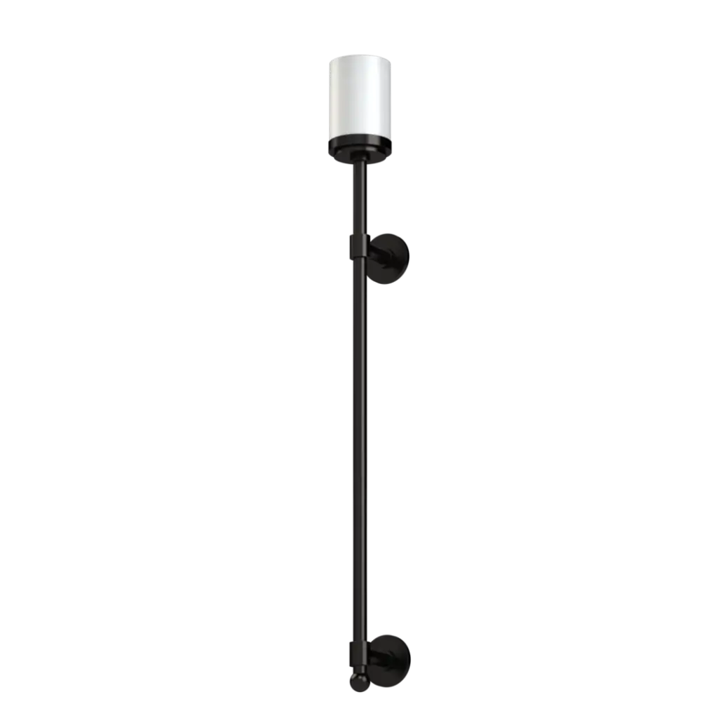 Black outdoor wall light with a white cylindrical shade.
