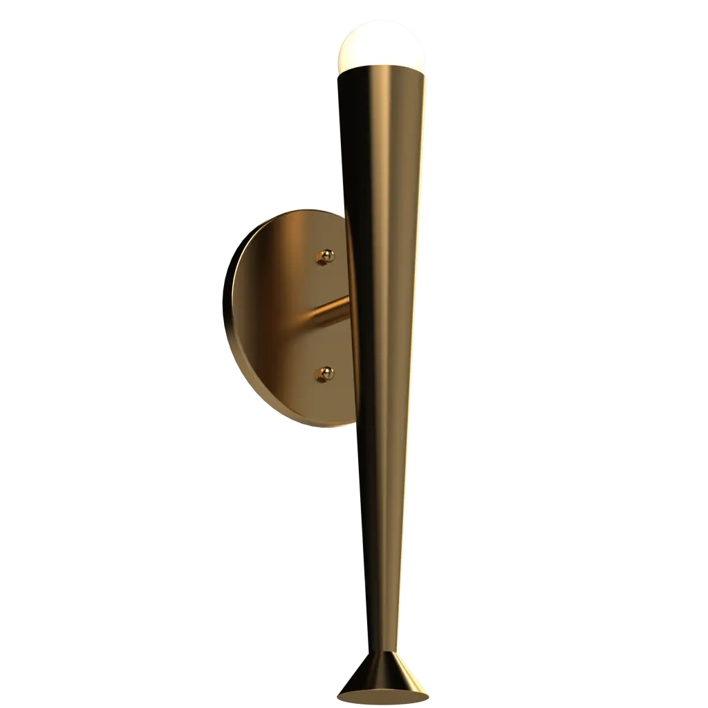 A sleek, modern brass wall sconce with an upward-facing light.