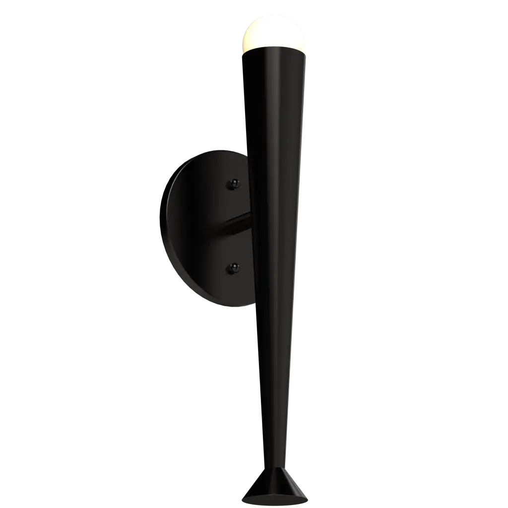Black outdoor wall light with an upward-facing bulb.