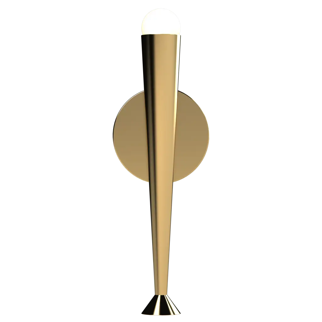 A sleek, golden wall-mounted light fixture with an illuminated top.