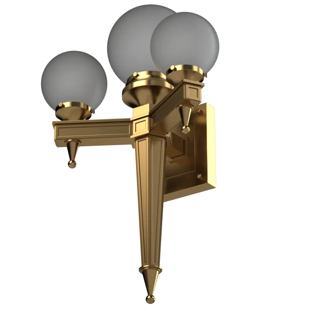 A three-light outdoor wall sconce with a gold finish and frosted globe shades.