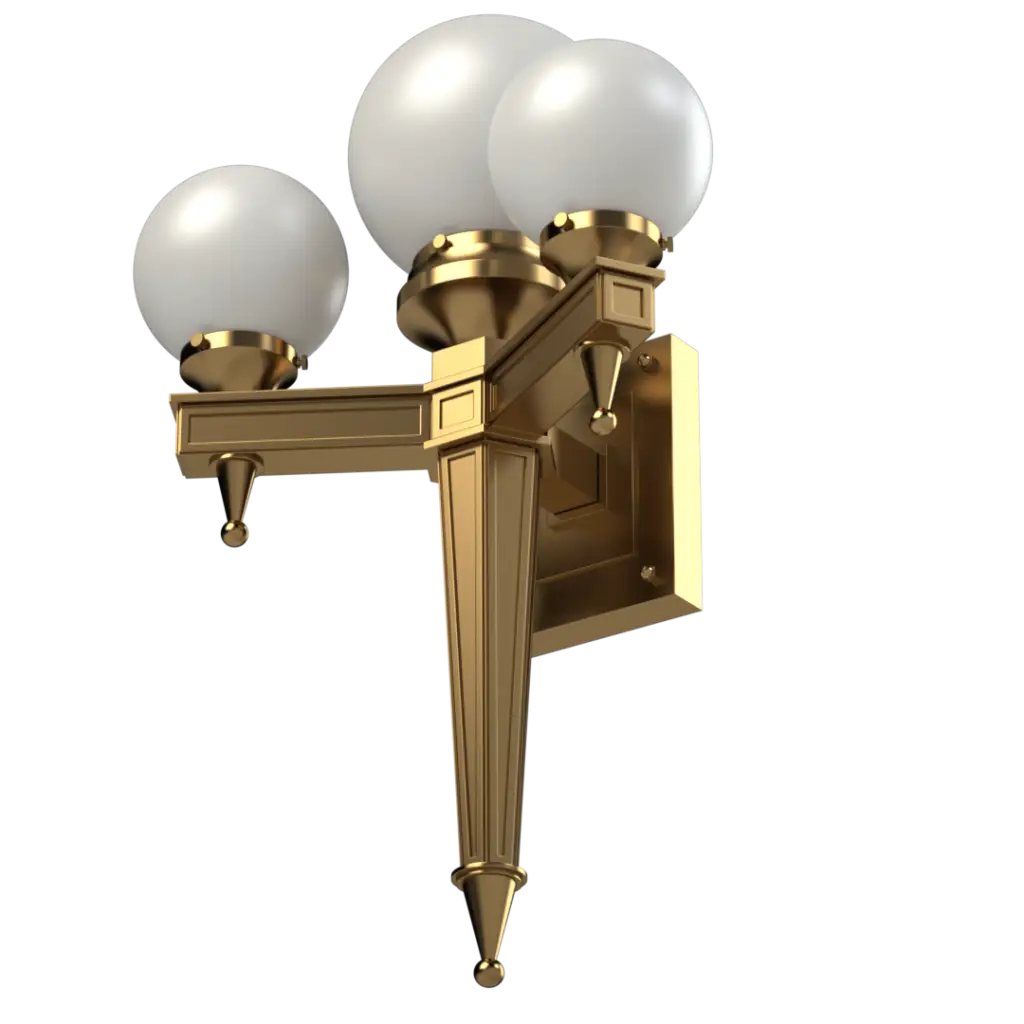 A three-light gold outdoor wall sconce with spherical white glass shades.