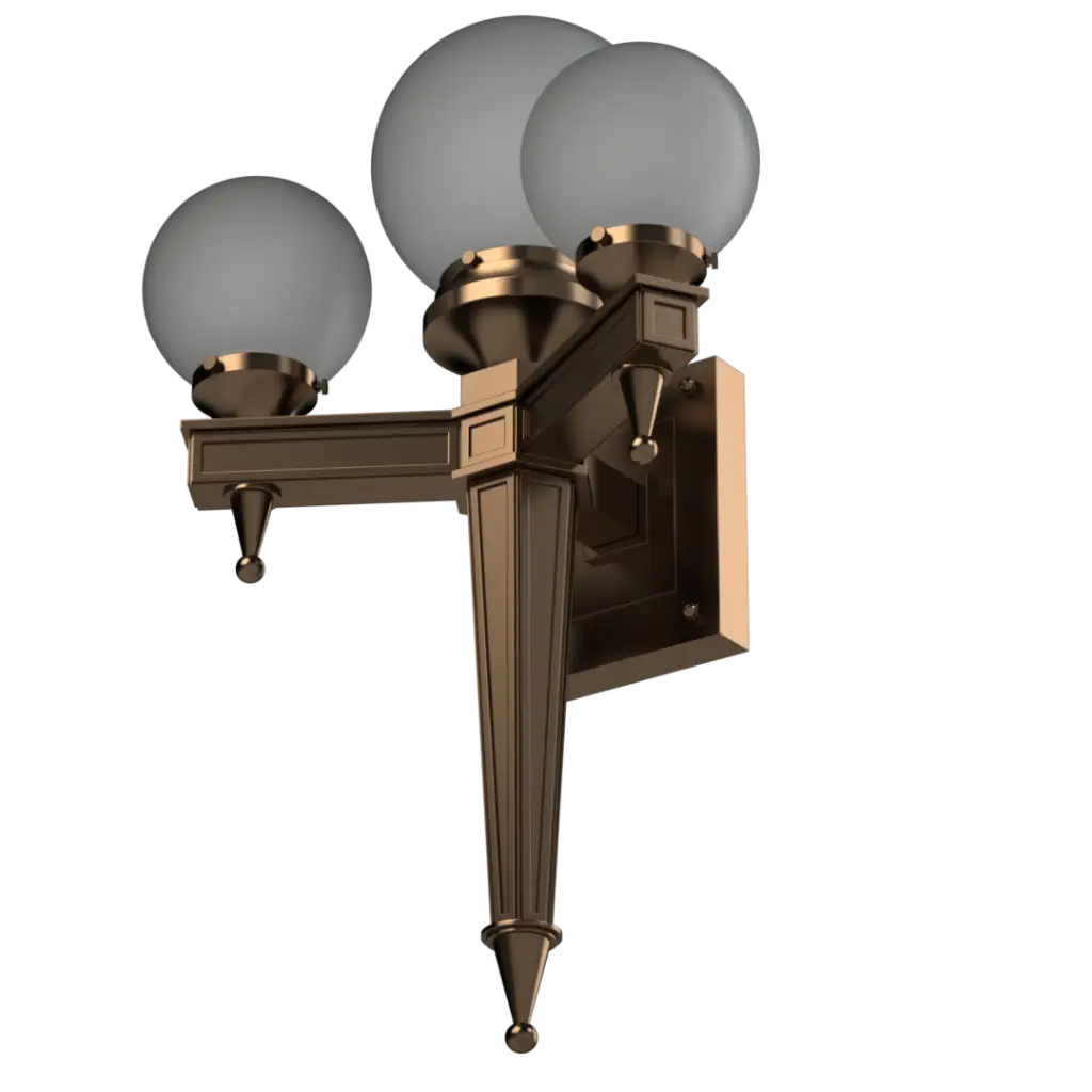 A three-light bronze-finished wall sconce with frosted globe shades.