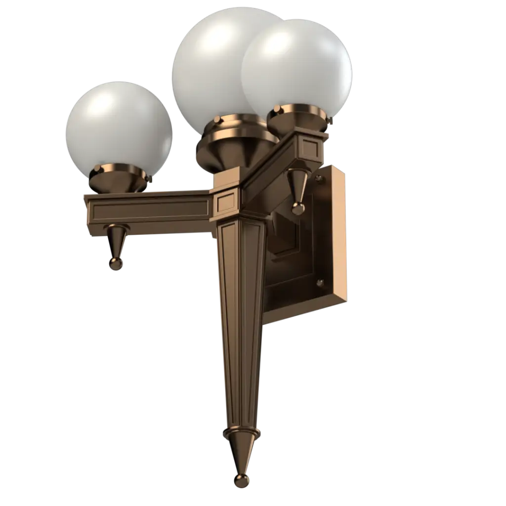 A bronze outdoor wall light with three white globe-shaped diffusers.