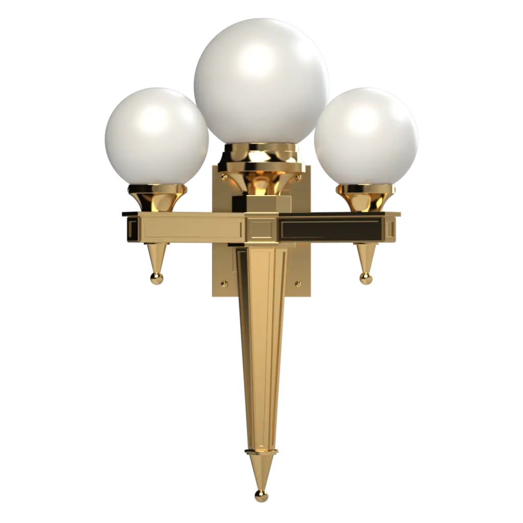 A golden wall sconce with three white globe lights.