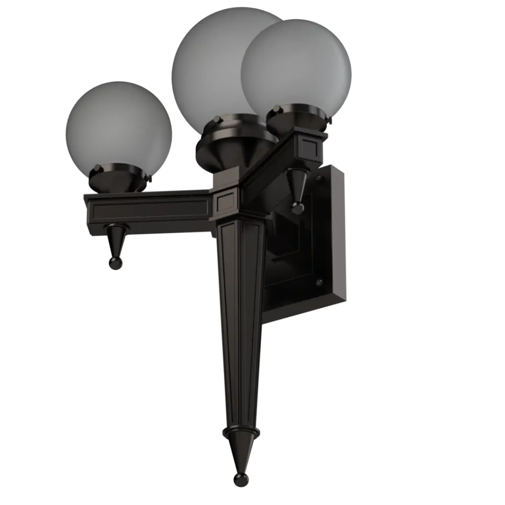 A triple-globe outdoor wall lantern with a dark finish.