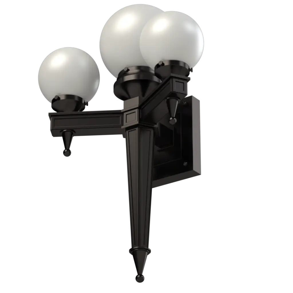 Three-globe black outdoor wall lantern.