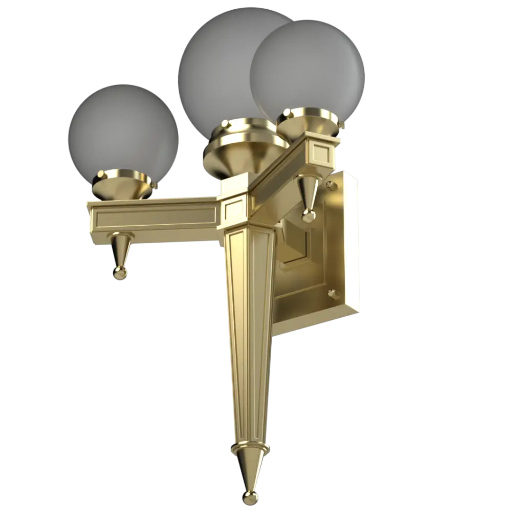 A three-light gold-finished wall sconce with frosted globe shades.