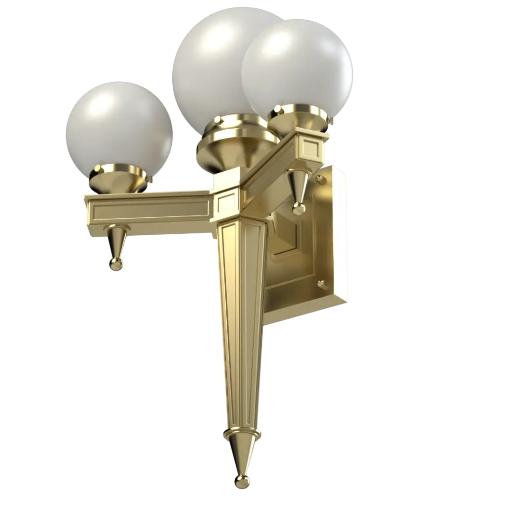 A three-light outdoor wall lantern with a gold finish and white globe shades.