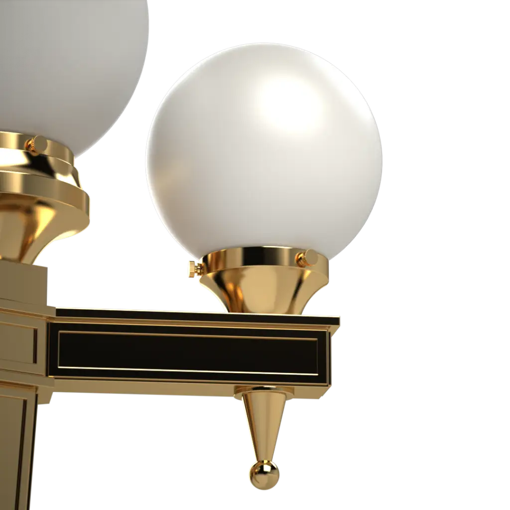 Two white spherical light fixtures with gold bases and trim on a black and gold decorative wall mount.